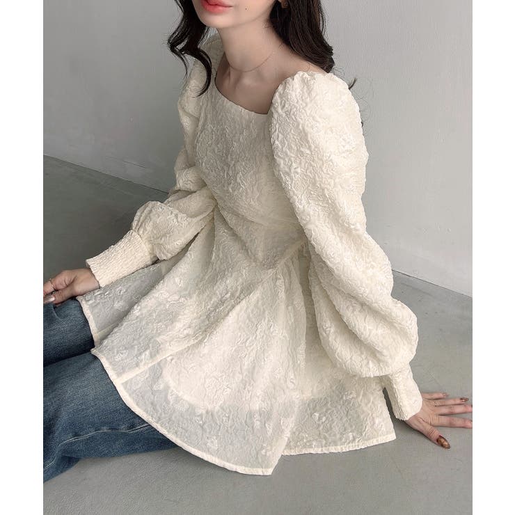 Meiru スクエアネックジャガードペプラムトップス（薄手） | JUNOAH | 詳細画像5 