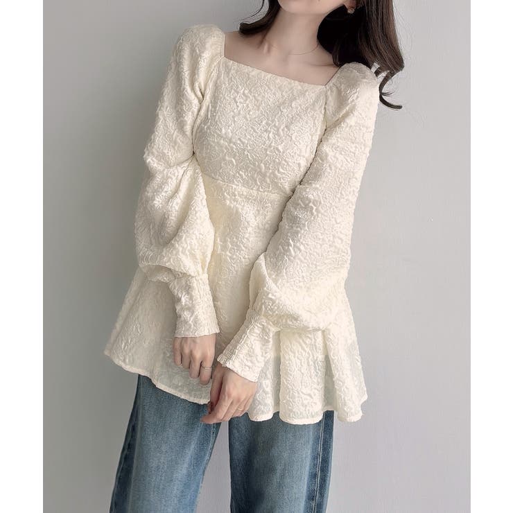 Meiru スクエアネックジャガードペプラムトップス（薄手） | JUNOAH | 詳細画像6 