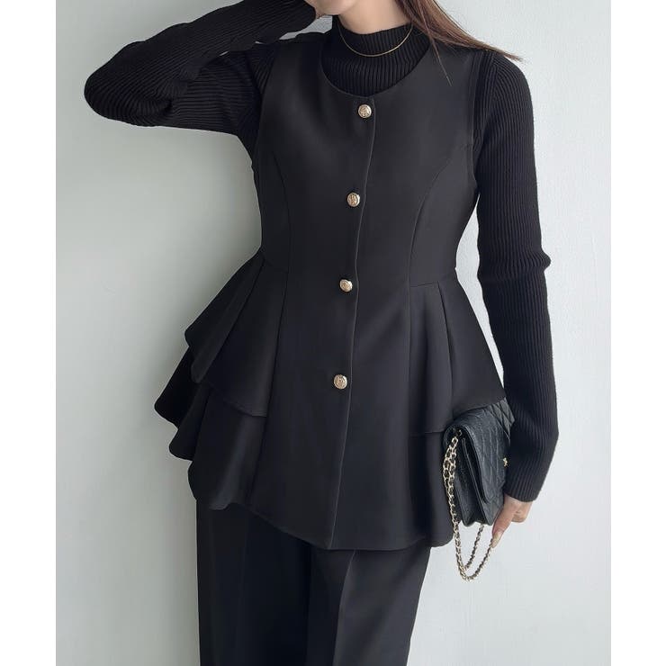 ブラック | Meiru ゴールドボタンペプラムベスト+スラックスset(薄手、裏地なし) | JUNOAH