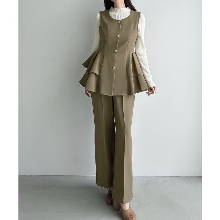 ダークベージュ | Meiru ゴールドボタンペプラムベスト+スラックスset(薄手、裏地なし) | JUNOAH