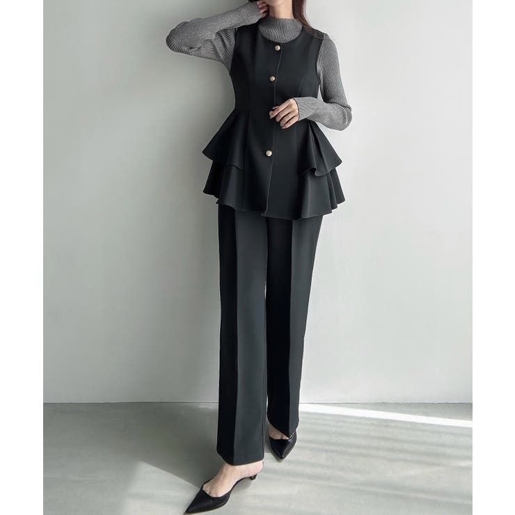 チャコール | Meiru ゴールドボタンペプラムベスト+スラックスset(薄手、裏地なし) | JUNOAH