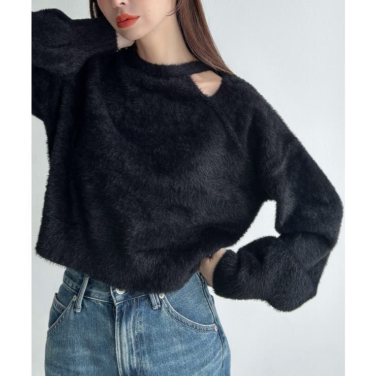 ブラック | Meiru カットデザインシャギーショートニット | JUNOAH