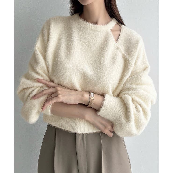 アイボリー | Meiru カットデザインシャギーショートニット | JUNOAH