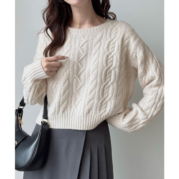 アイボリー | Meiru クルーネックケーブルショートニット | JUNOAH