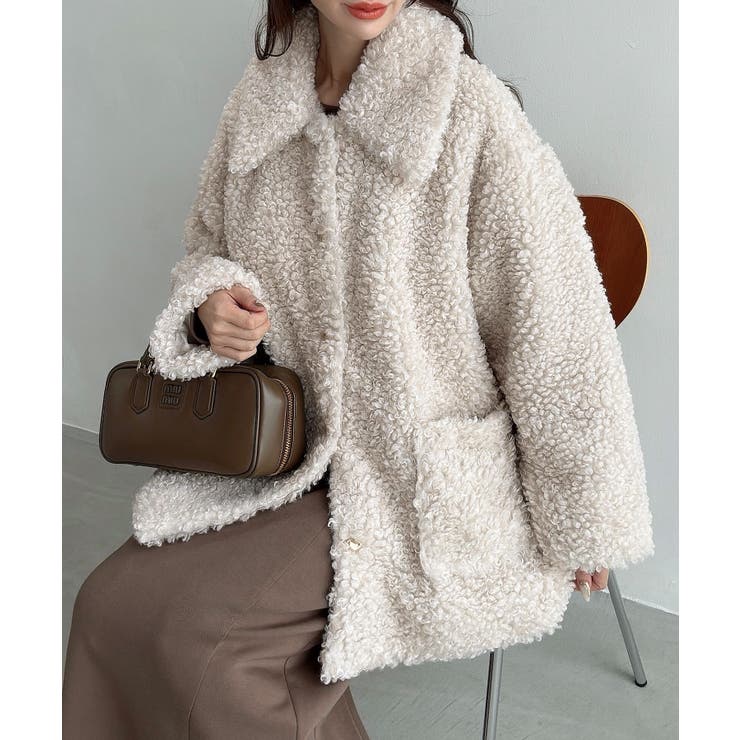 アイボリー | Meiru プードルファーステンカラーミドルコート | JUNOAH