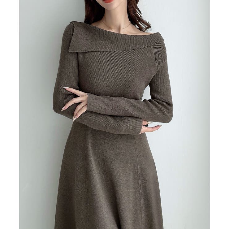 Meiru オフショル風フレアニットワンピース | JUNOAH | 詳細画像1 