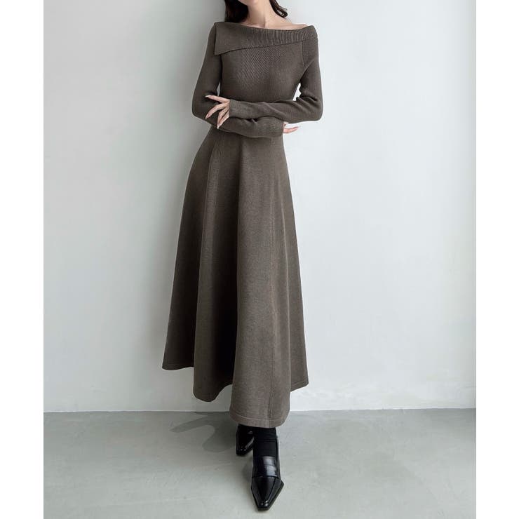 チャコール | Meiru オフショル風フレアニットワンピース | JUNOAH