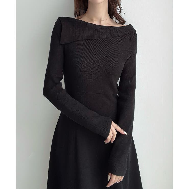ブラック | Meiru オフショル風フレアニットワンピース | JUNOAH