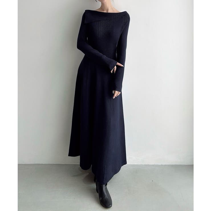 ネイビー | Meiru オフショル風フレアニットワンピース | JUNOAH