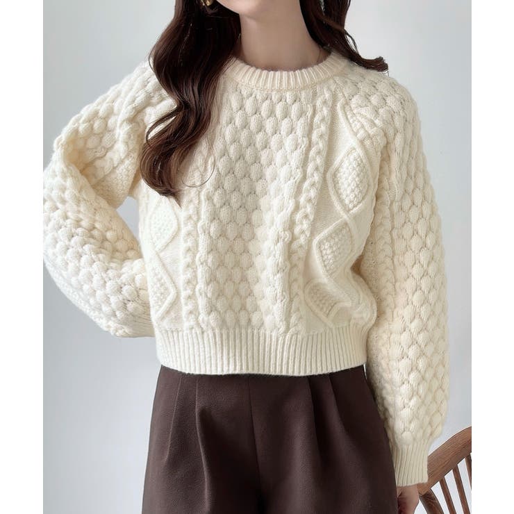 アイボリー | Meiru ポップコーンケーブルニット | JUNOAH