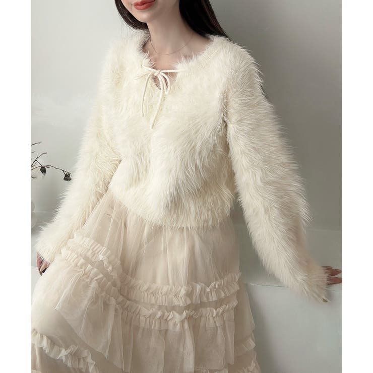 アイボリー | Meiru リボンキーネックフェザーニット | JUNOAH