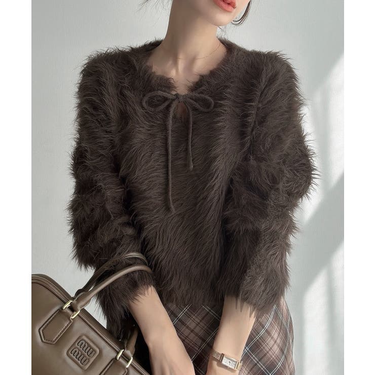 ブラウン | Meiru リボンキーネックフェザーニット | JUNOAH