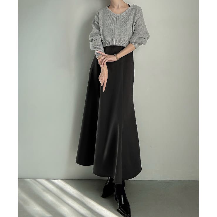 チャコール | ショートニット＋マーメイドキャミワンピースset(薄手、裏地なし) | JUNOAH