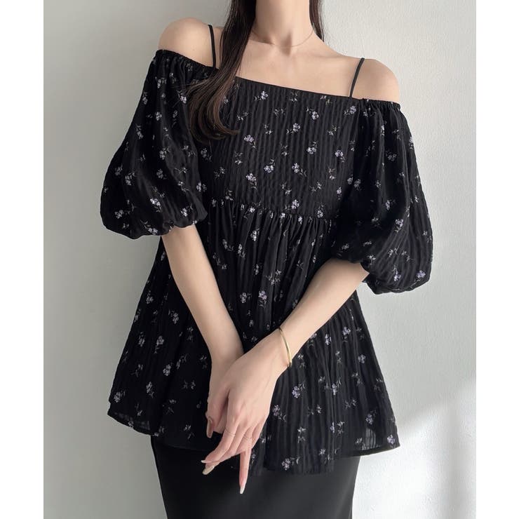 ブラック | Meiru 2wayオフショル花柄ペプラムトップス | JUNOAH