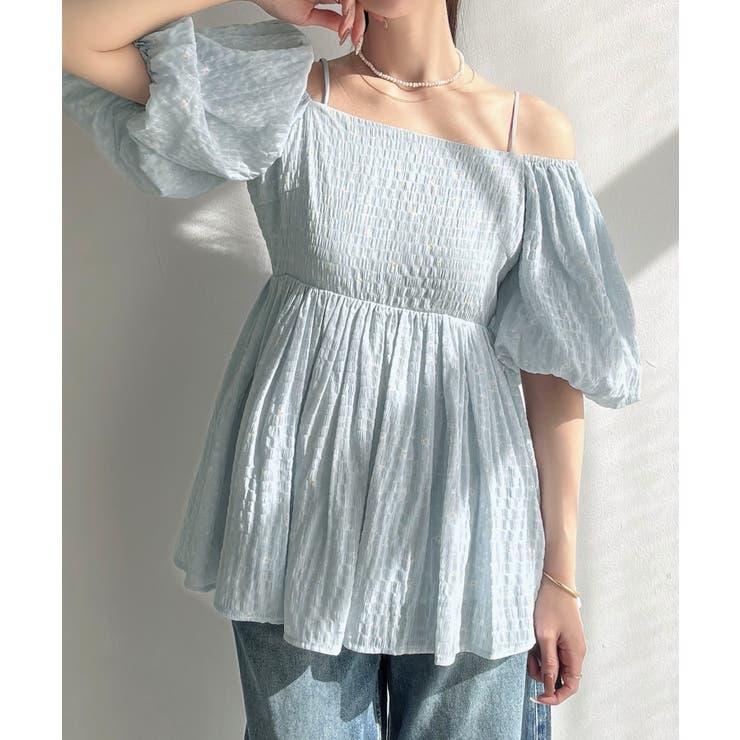 ライトブルー | Meiru 2wayオフショル花柄ペプラムトップス | JUNOAH