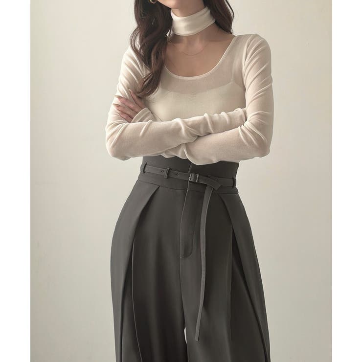 Meiru 細ベルトハイウエストタックワイドパンツ | JUNOAH | 詳細画像10 