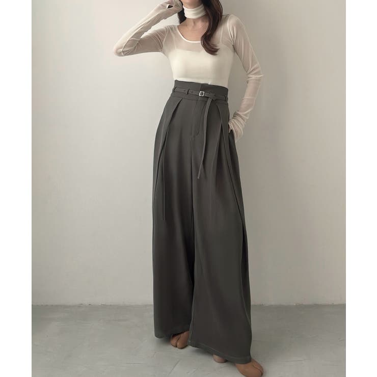 Meiru 細ベルトハイウエストタックワイドパンツ | JUNOAH | 詳細画像12 