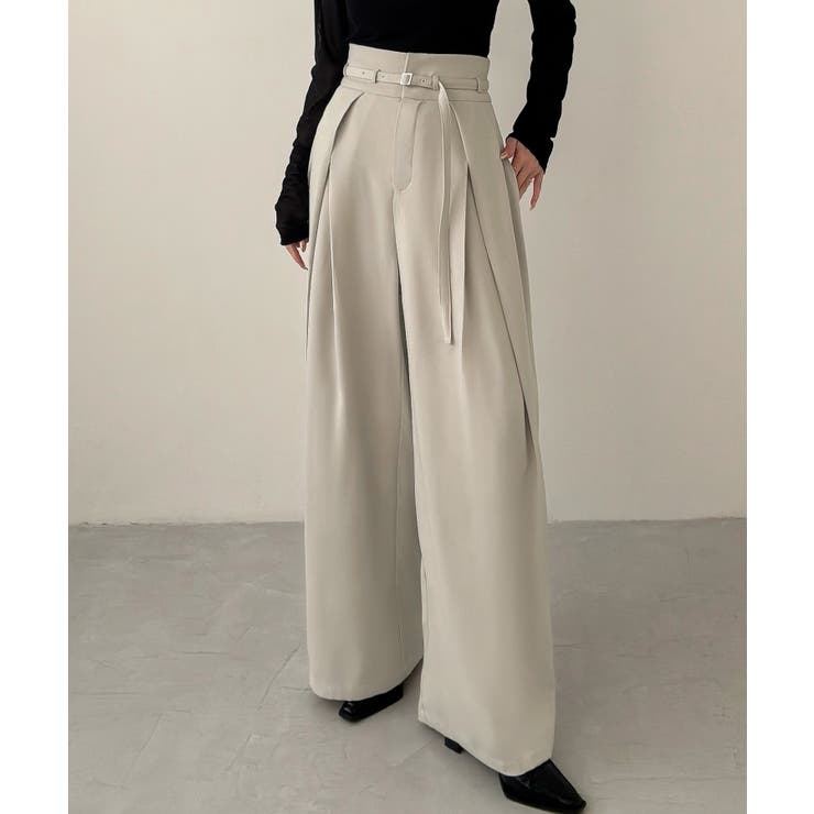 アイボリー | Meiru 細ベルトハイウエストタックワイドパンツ | JUNOAH