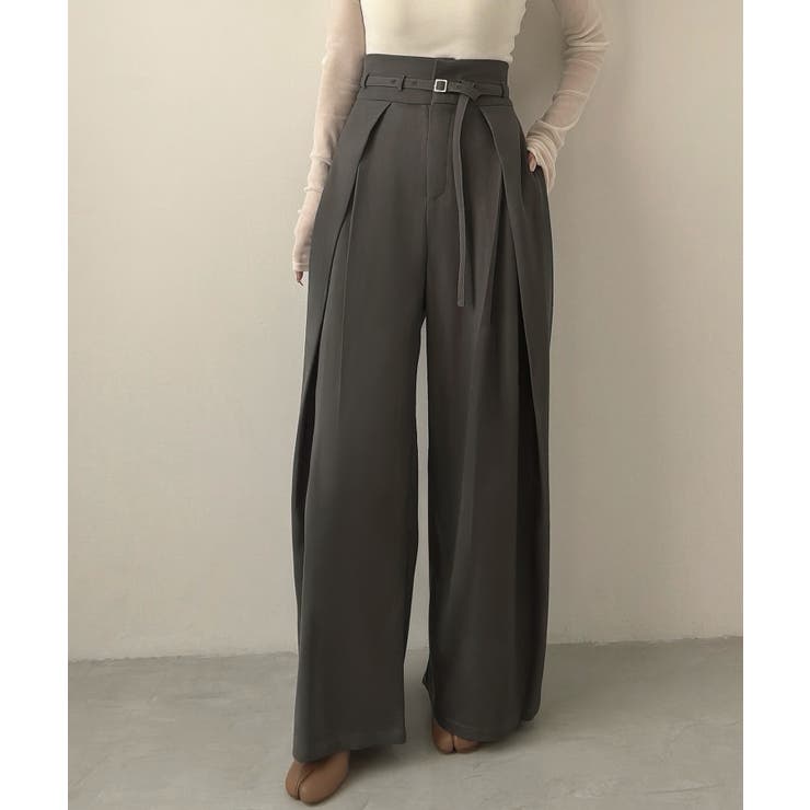 チャコール | Meiru 細ベルトハイウエストタックワイドパンツ | JUNOAH