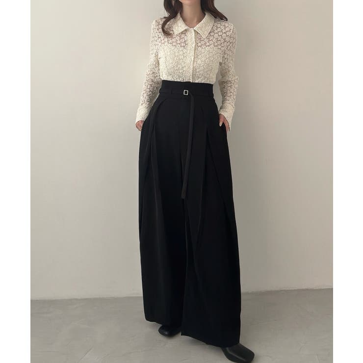 Meiru 細ベルトハイウエストタックワイドパンツ | JUNOAH | 詳細画像3 