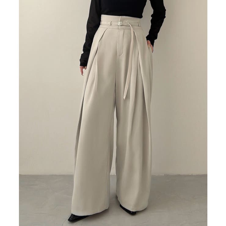 Meiru 細ベルトハイウエストタックワイドパンツ | JUNOAH | 詳細画像5 