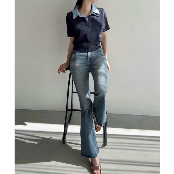 Meiru 襟付き半袖ミックスニットトップス | JUNOAH | 詳細画像9 