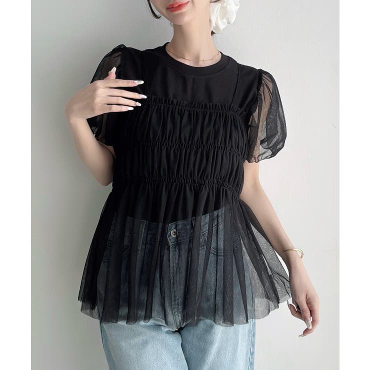 ブラック | Meiru チュールパフスリーブTシャツ＋シャーリングキャミset | junoah