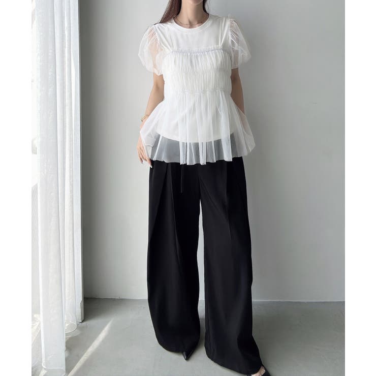 Meiru チュールパフスリーブTシャツ＋シャーリングキャミset | junoah | 詳細画像3 