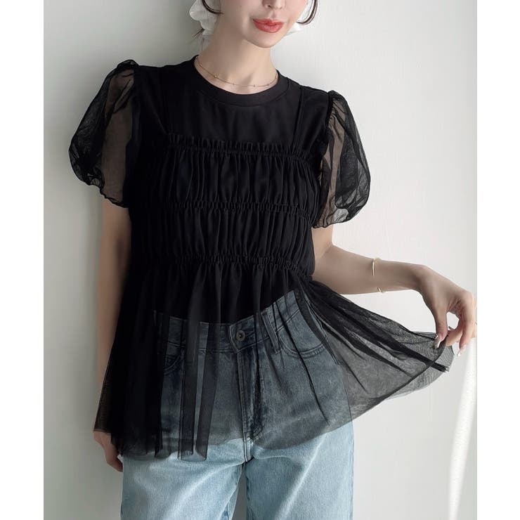 Meiru チュールパフスリーブTシャツ＋シャーリングキャミset | junoah | 詳細画像7 