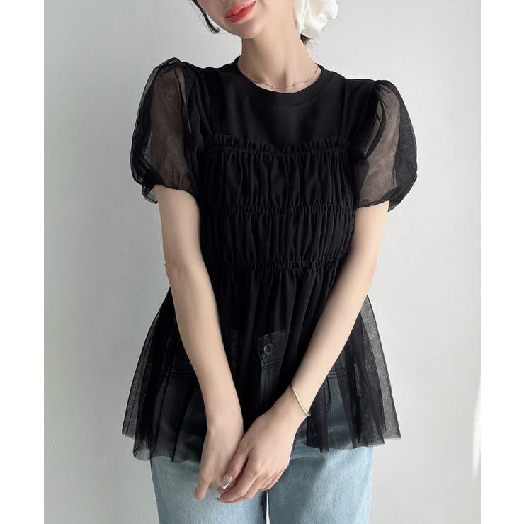 Meiru チュールパフスリーブTシャツ＋シャーリングキャミset | junoah | 詳細画像9 