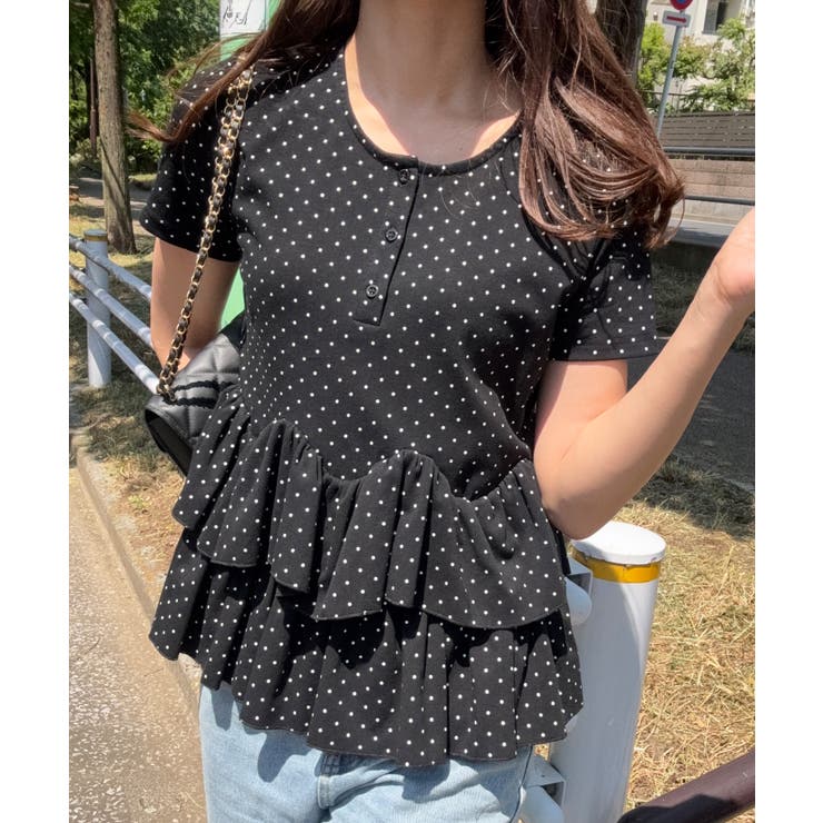ブラック | ドットヘンリーネックペプラムトップス | JUNOAH
