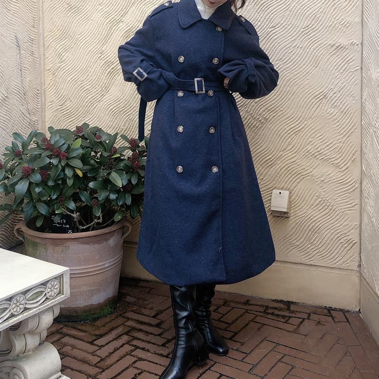 ネイビー | ボリュームスリーブロングコート | JUNOAH