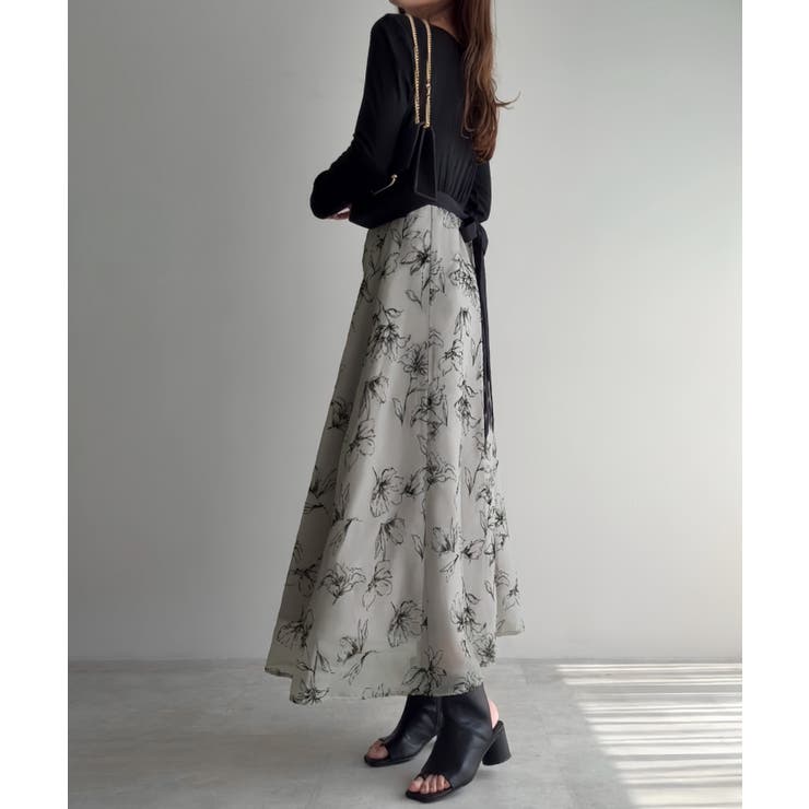 ドレープドッキングウエストリボン花柄スカート | JUNOAH | 詳細画像12 