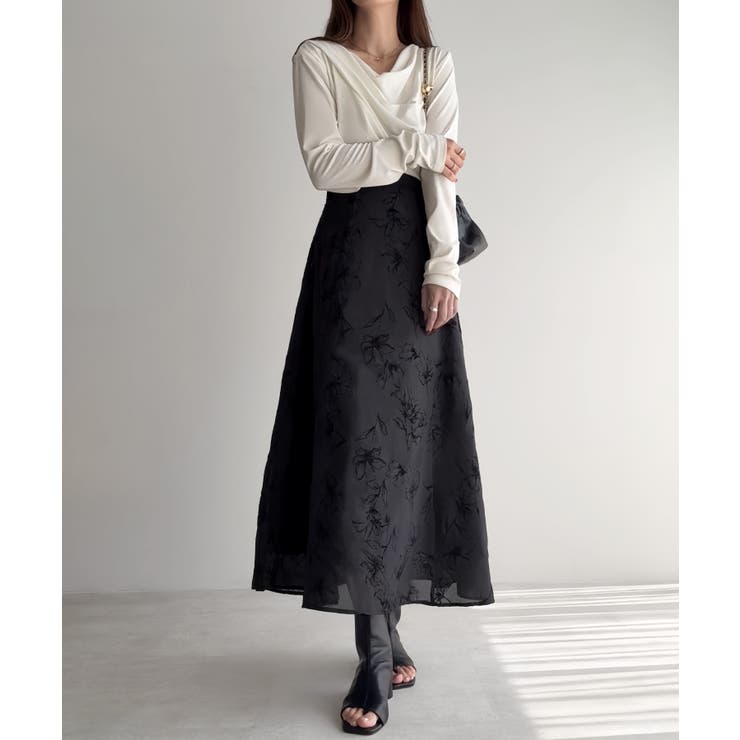 ホワイト | ドレープドッキングウエストリボン花柄スカート | JUNOAH