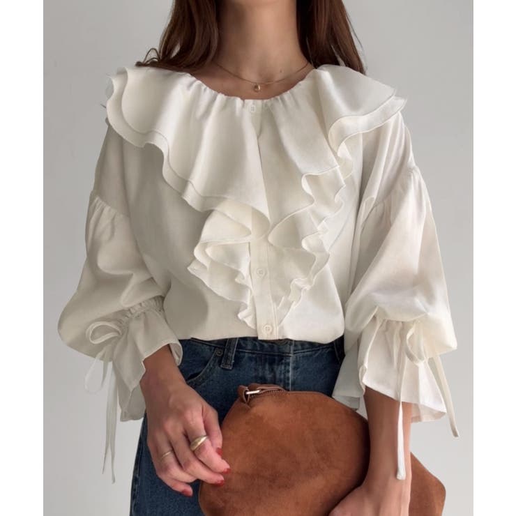 ホワイト | 綿混フリルブラウス | JUNOAH