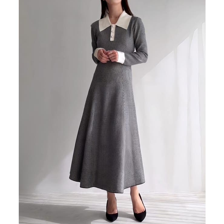 ホワイト | 千鳥チェックビジュー釦ニットワンピース | JUNOAH