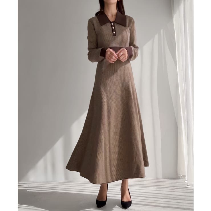 ブラウン | 千鳥チェックビジュー釦ニットワンピース | JUNOAH