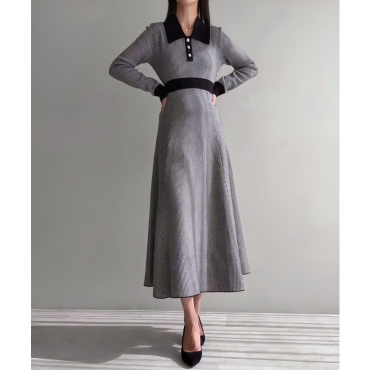 ブラック | 千鳥チェックビジュー釦ニットワンピース | JUNOAH