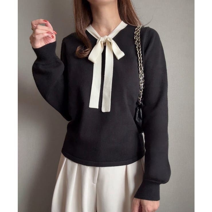 ブラック | リボンボウタイニットトップス | JUNOAH