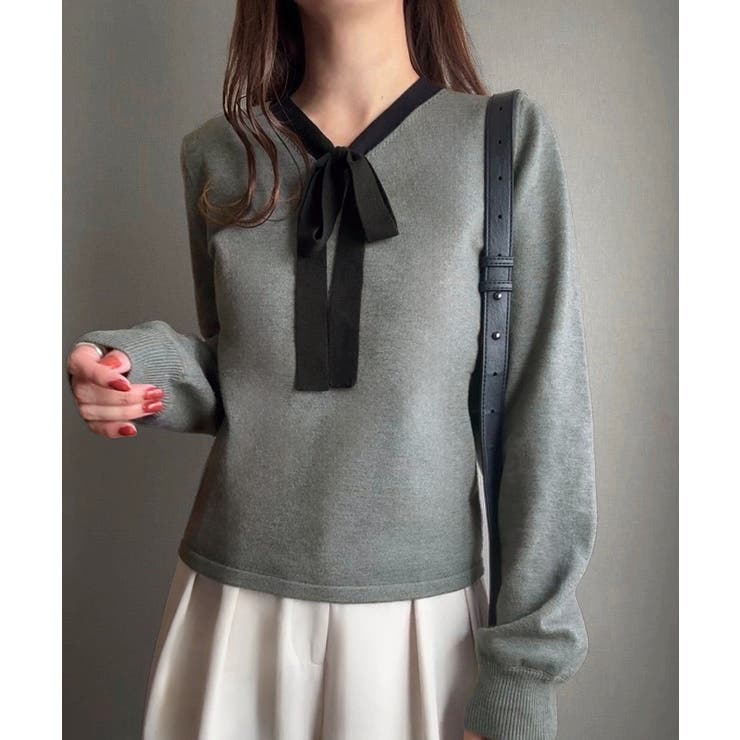 チャコール | リボンボウタイニットトップス | JUNOAH
