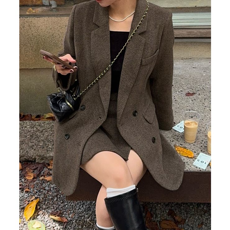 ダークブラウン | ジャケット+スリットミニスカートset | JUNOAH