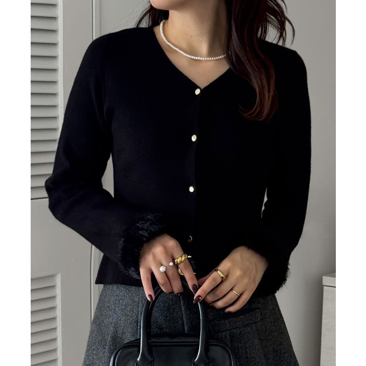 ブラック | ファースリーブニットカーディガン | JUNOAH