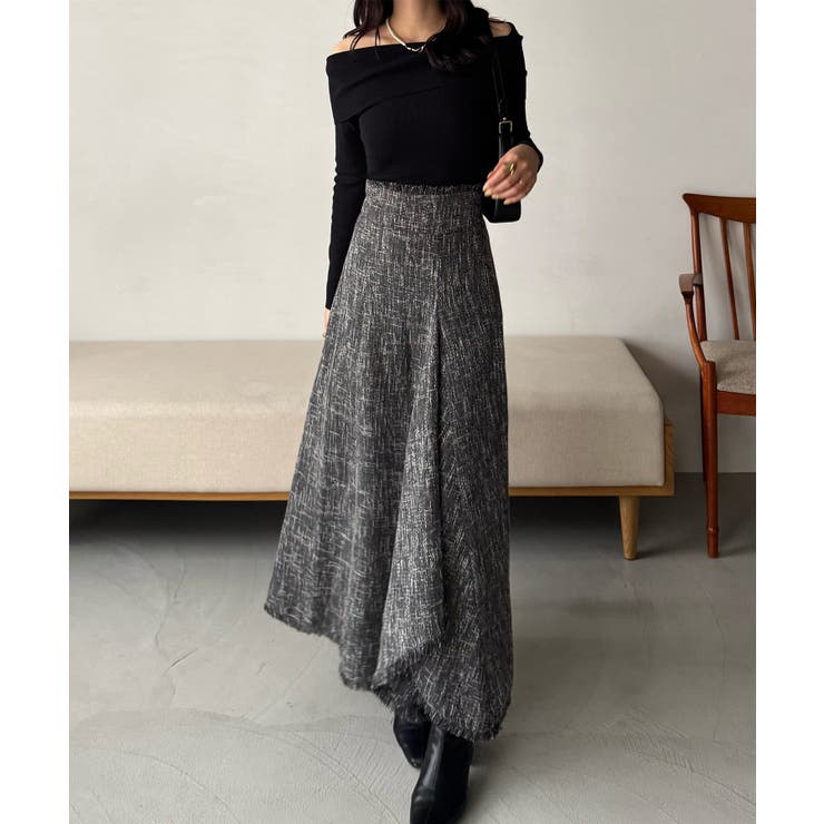 ブラック | ハイウエストツイードフリンジフレアスカート | JUNOAH