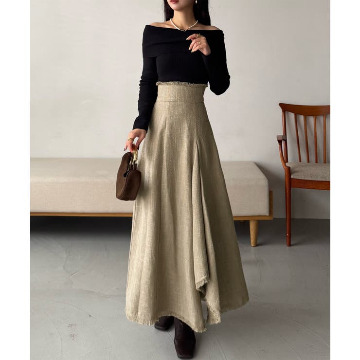 ベージュ | ハイウエストツイードフリンジフレアスカート | JUNOAH