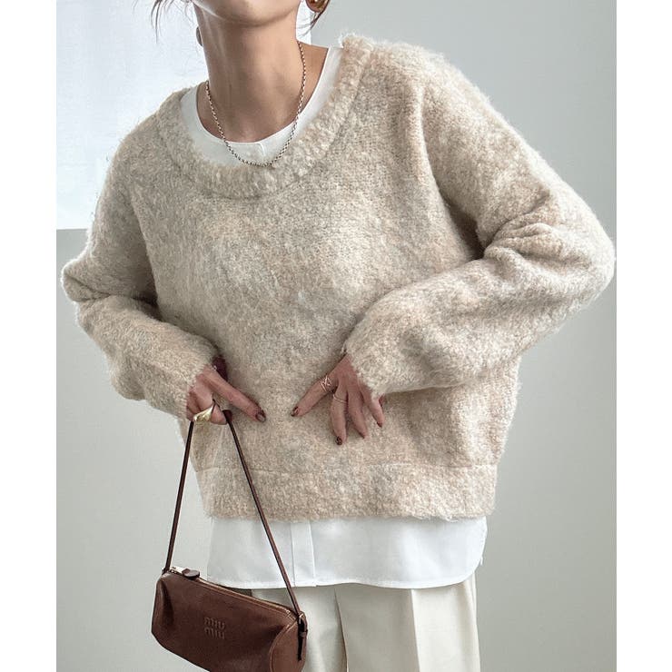 アイボリー | シャツレイヤードオーバーサイズシャギーニット | JUNOAH