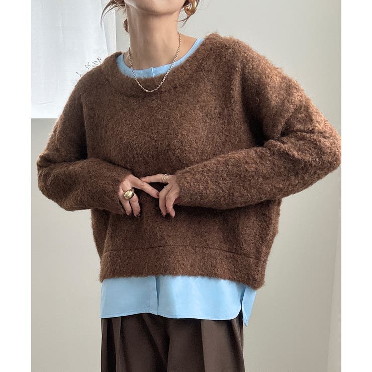 ブラウン | シャツレイヤードオーバーサイズシャギーニット | JUNOAH