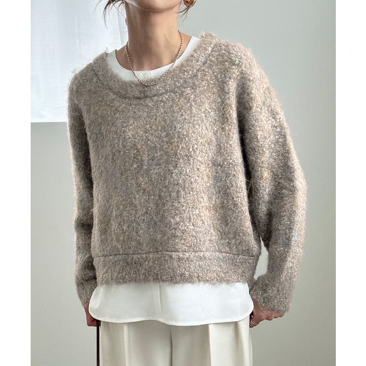 モカ | シャツレイヤードオーバーサイズシャギーニット | JUNOAH