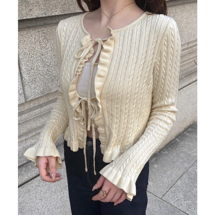 アイボリー | リボンフリルニットカーディガン | JUNOAH