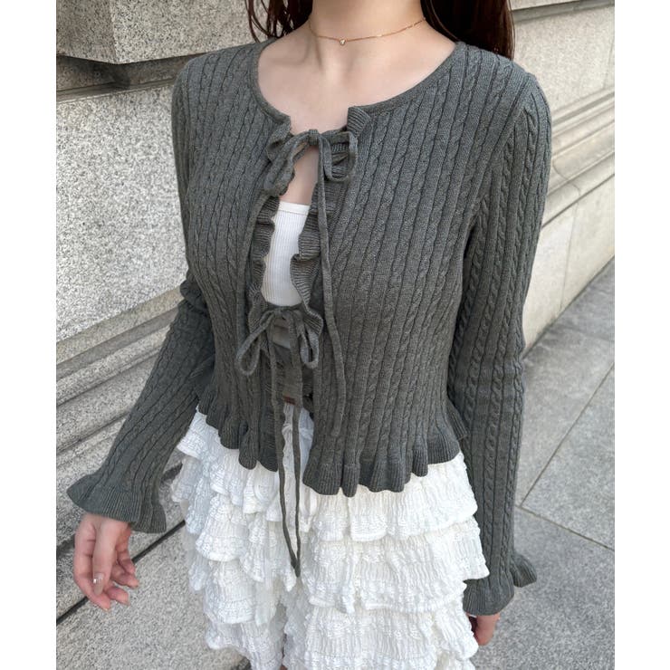 チャコール | リボンフリルニットカーディガン | JUNOAH