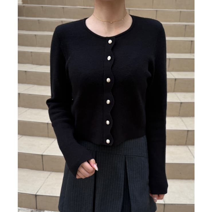 ブラック | スカラップニットトップス | JUNOAH